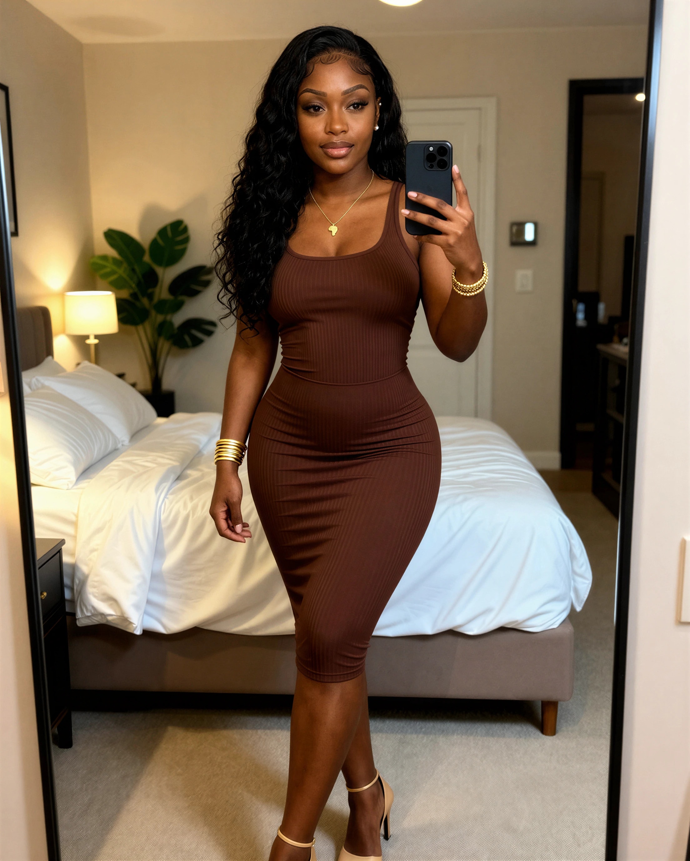 Mirror selfie of Amara in a brown ribbed bodycon dress