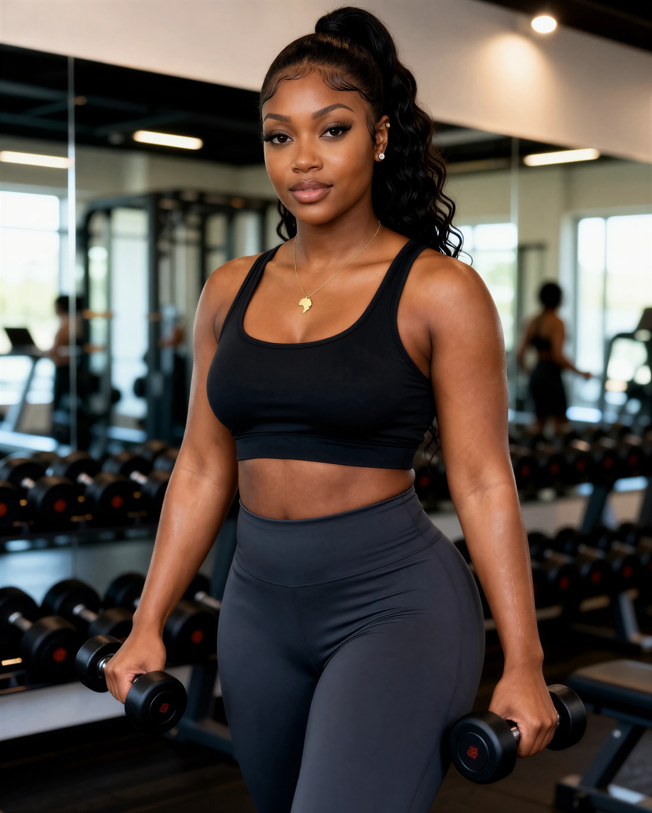 Amara in black activewear holding dumbbells in a gym