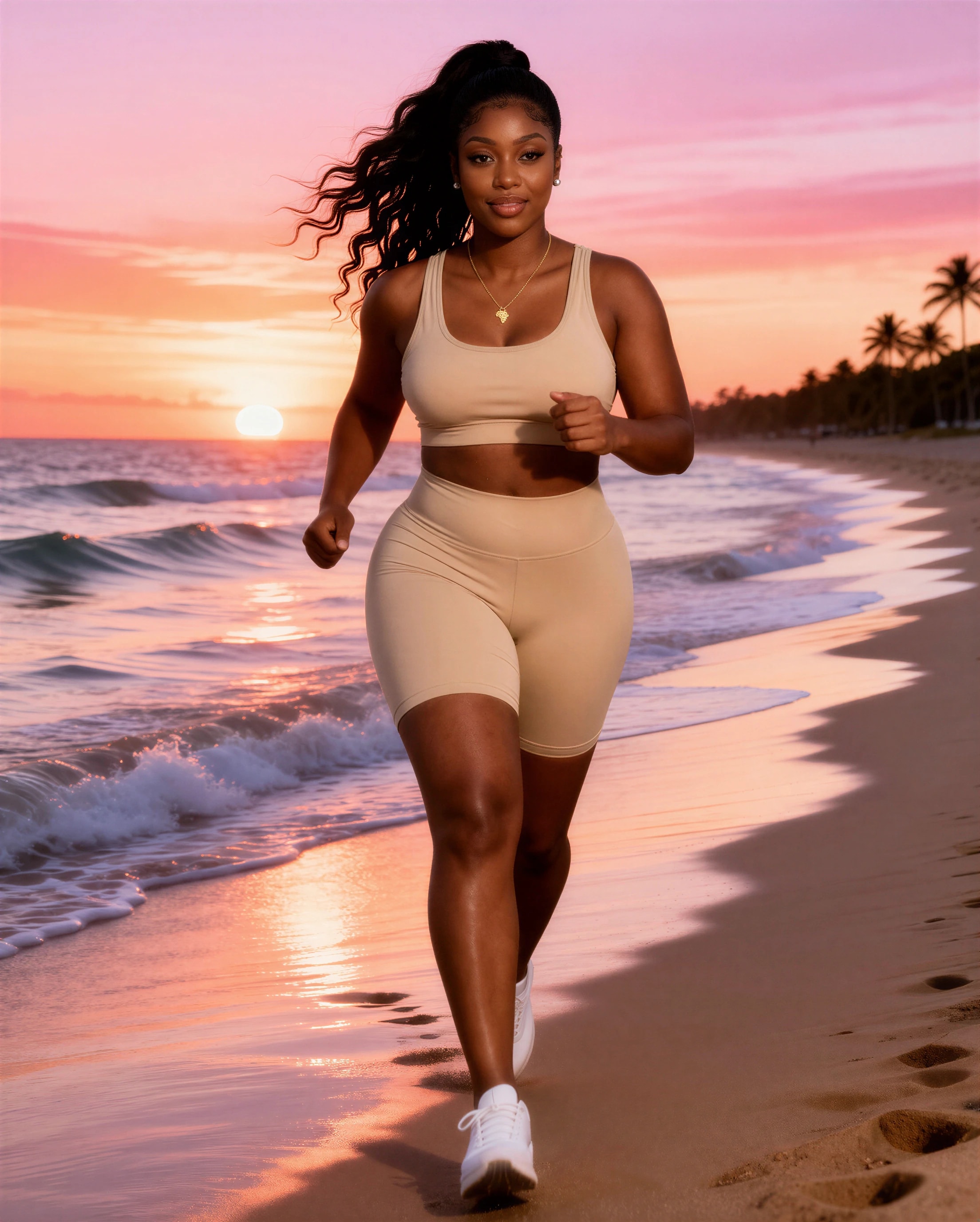 Amara jogging along the waterline at sunset in a sand-colored set