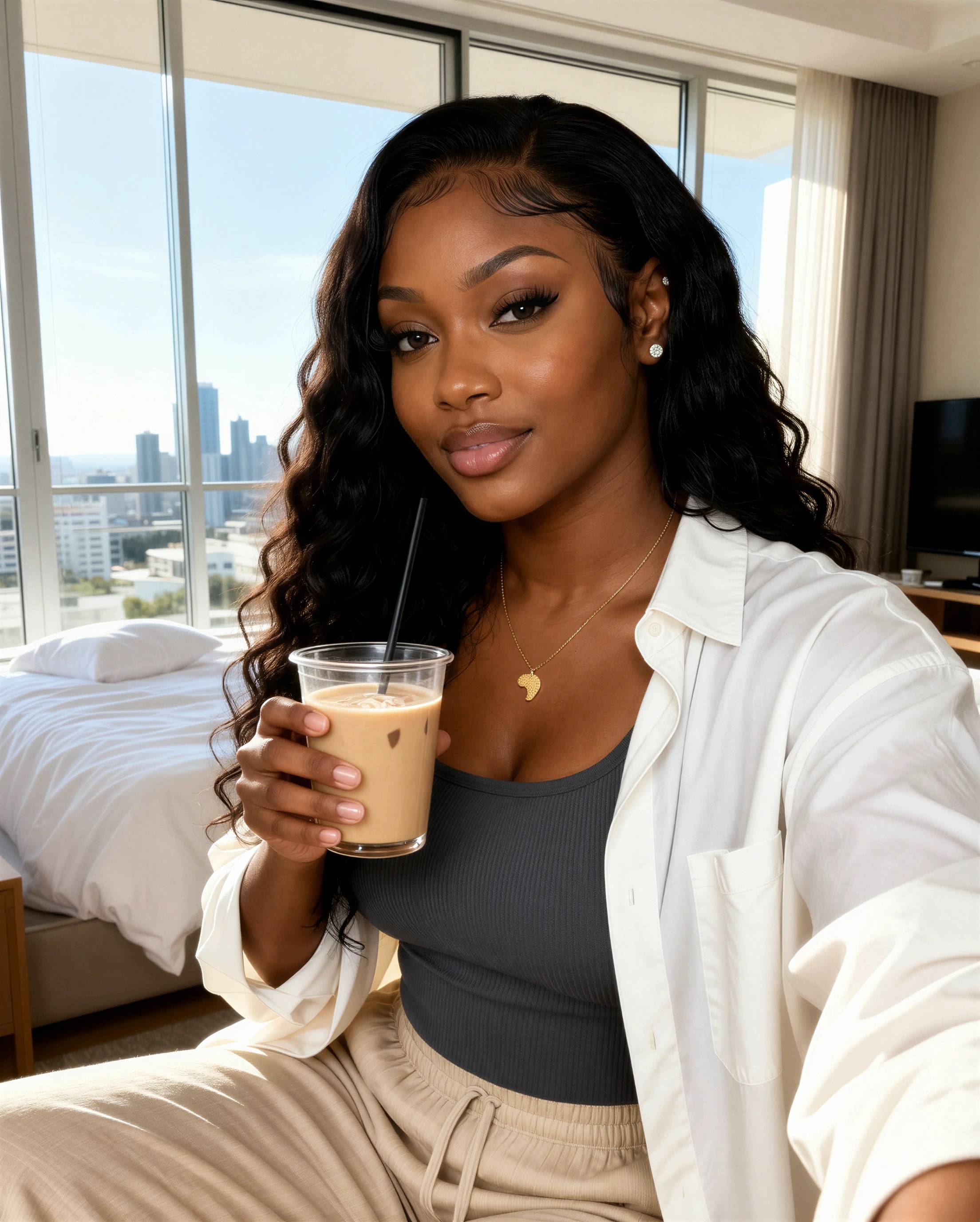 Morning selfie of Amara by her Brickell window with an iced latte