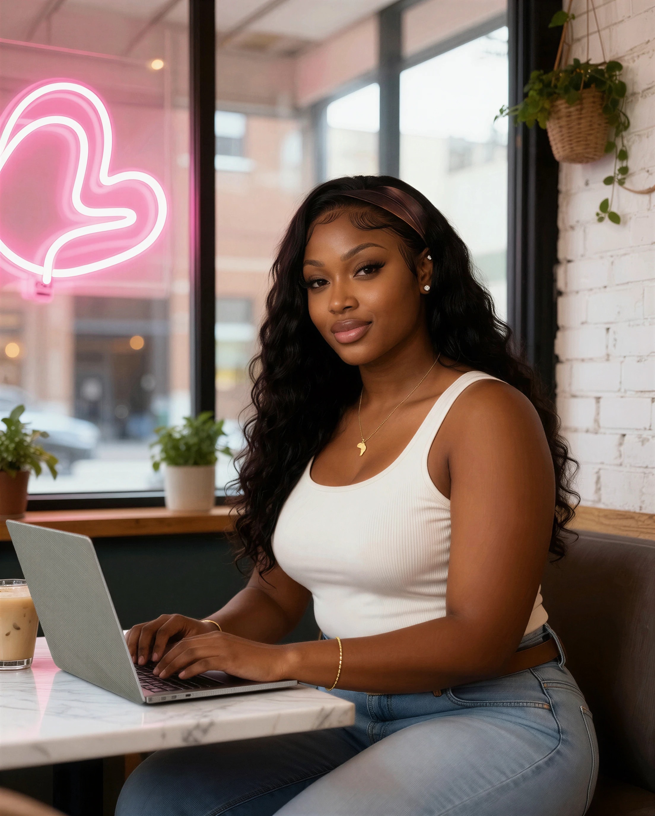Amara working on a laptop at a café window with a pink neon light