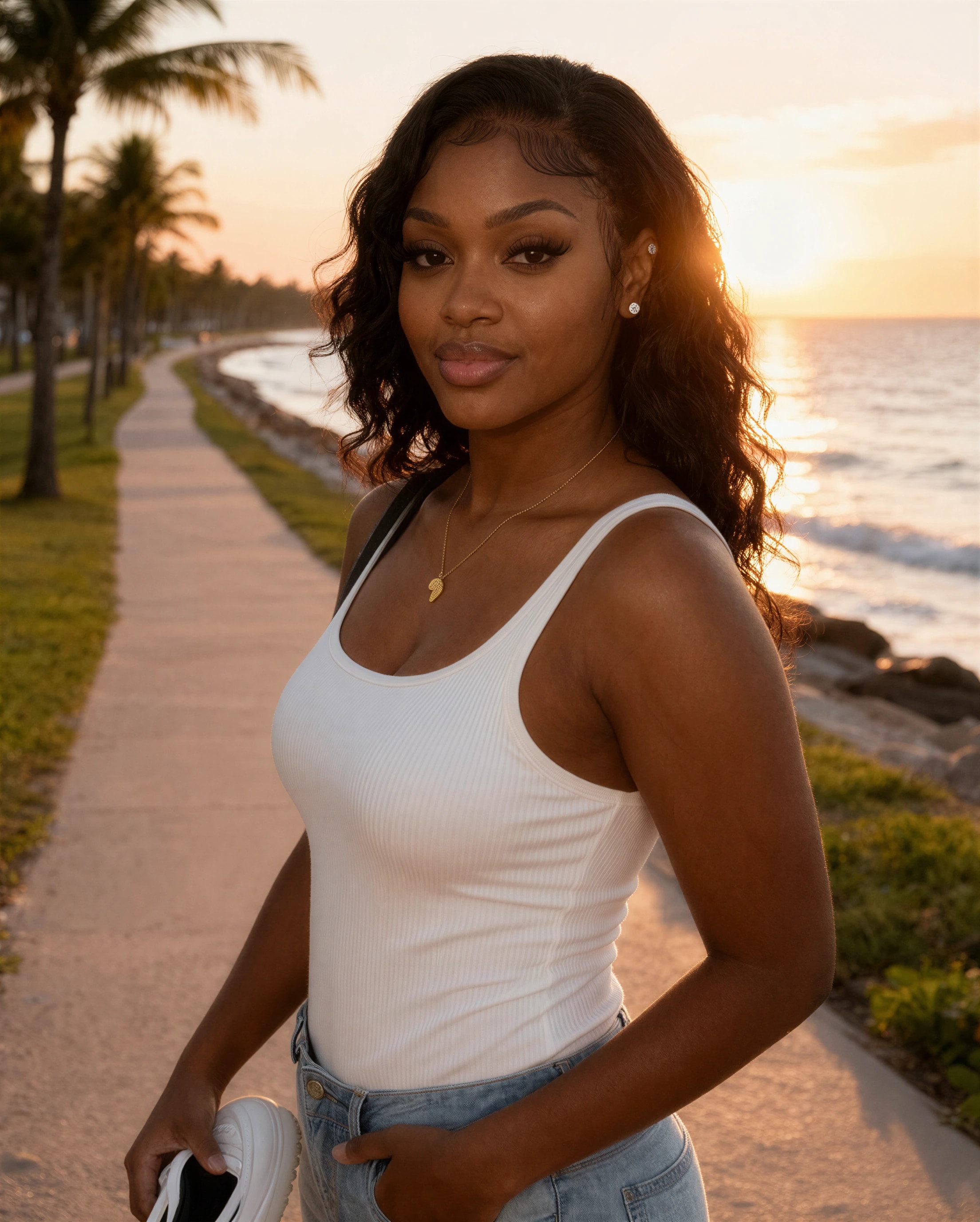 Amara on the seaside path at South Pointe Park at sunset, sneakers in hand
