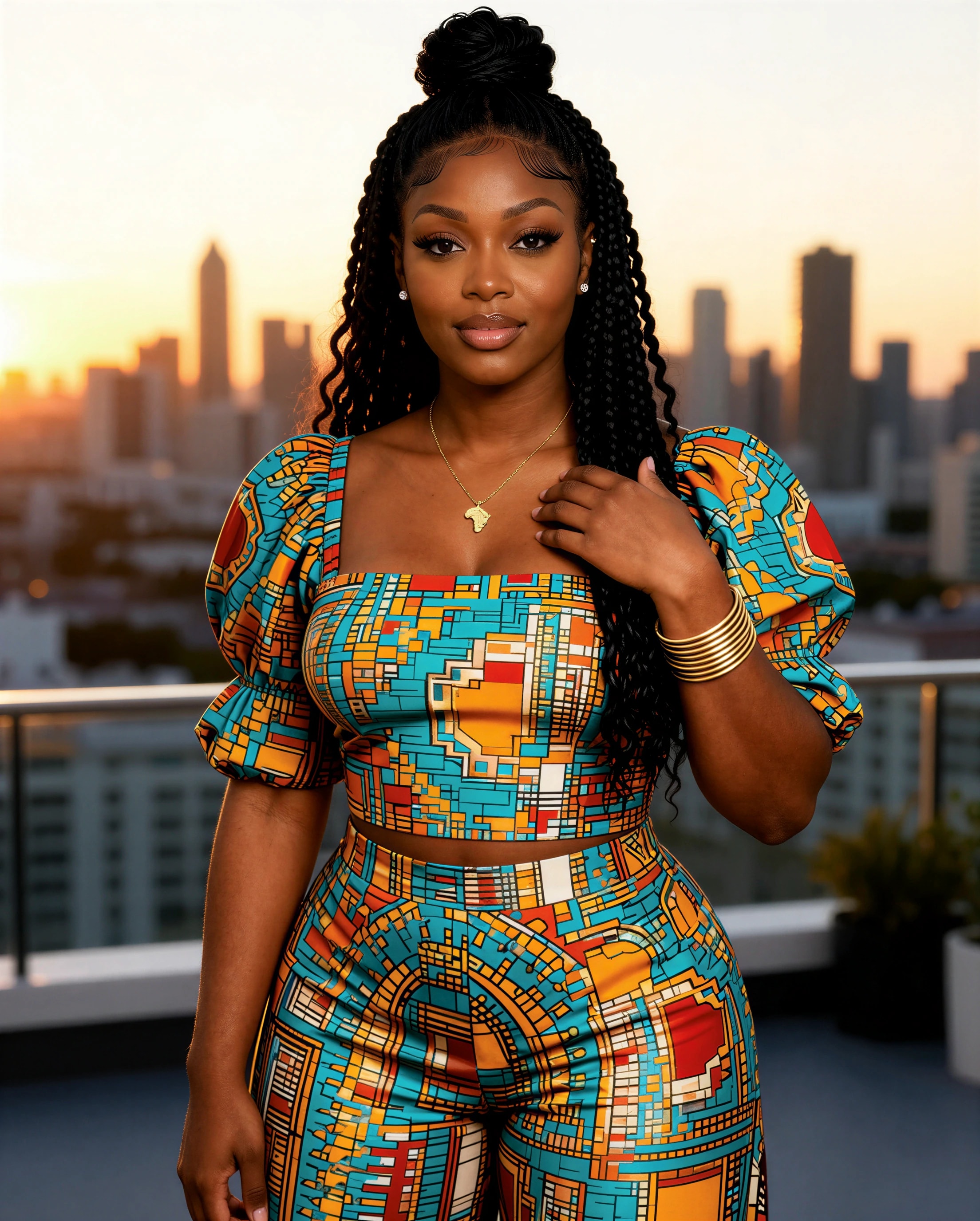 Amara wearing an African wax-print two-piece at sunset