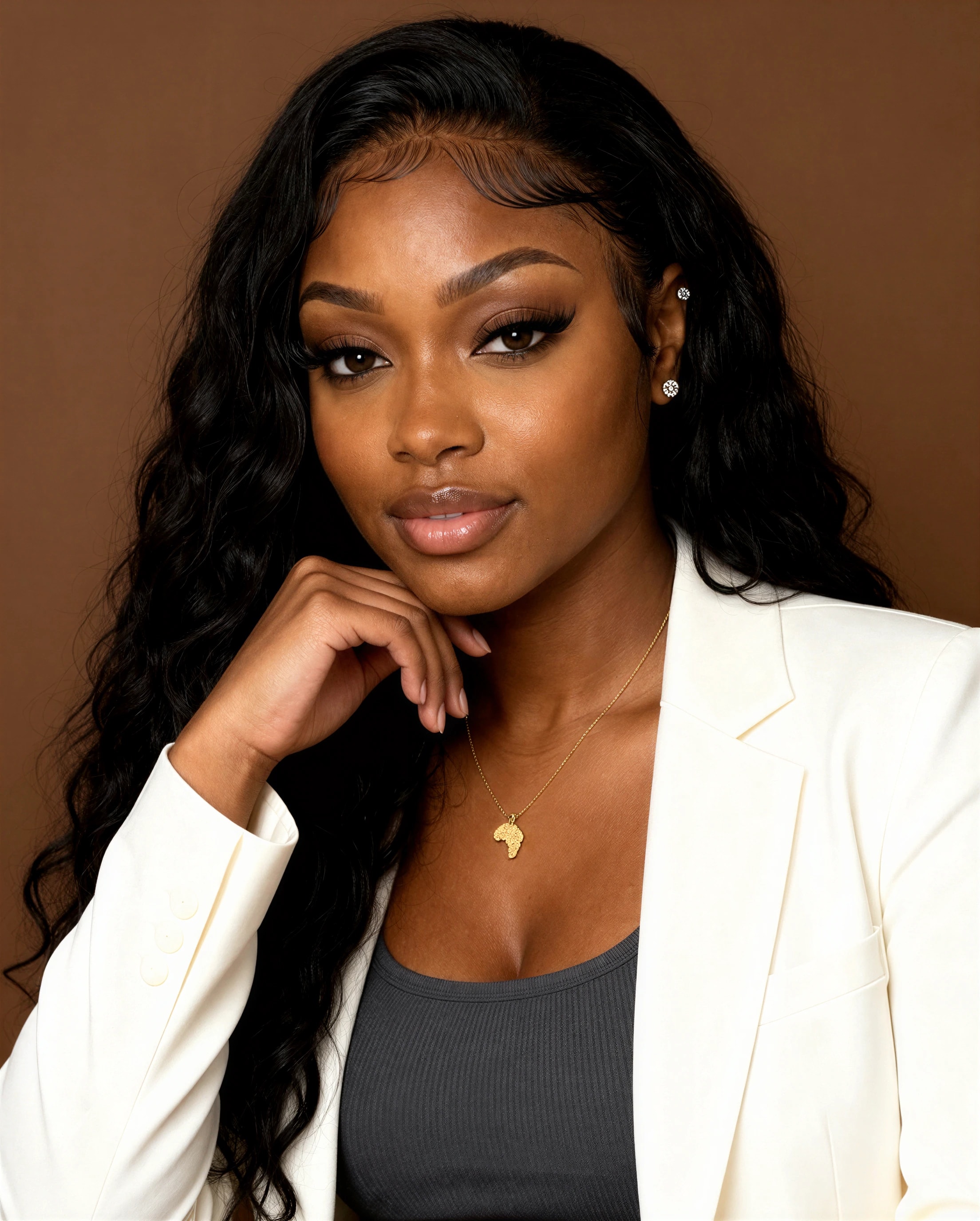 Studio beauty portrait of Amara in an ivory blazer
