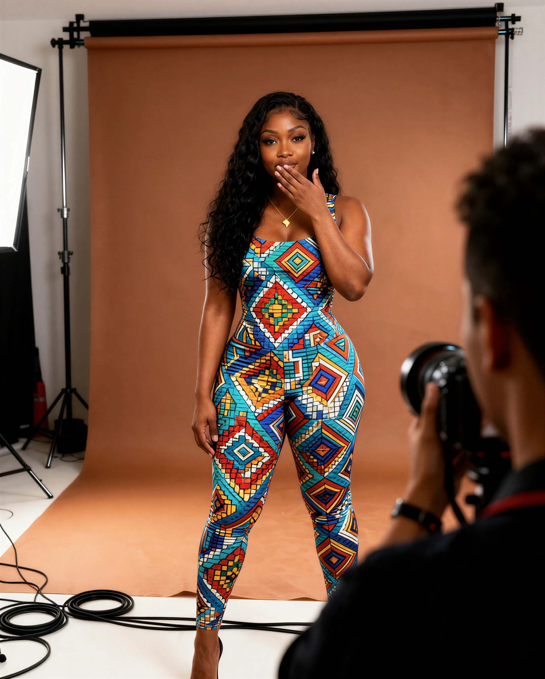 Behind the scenes of a studio shoot with Amara in a wax-print set